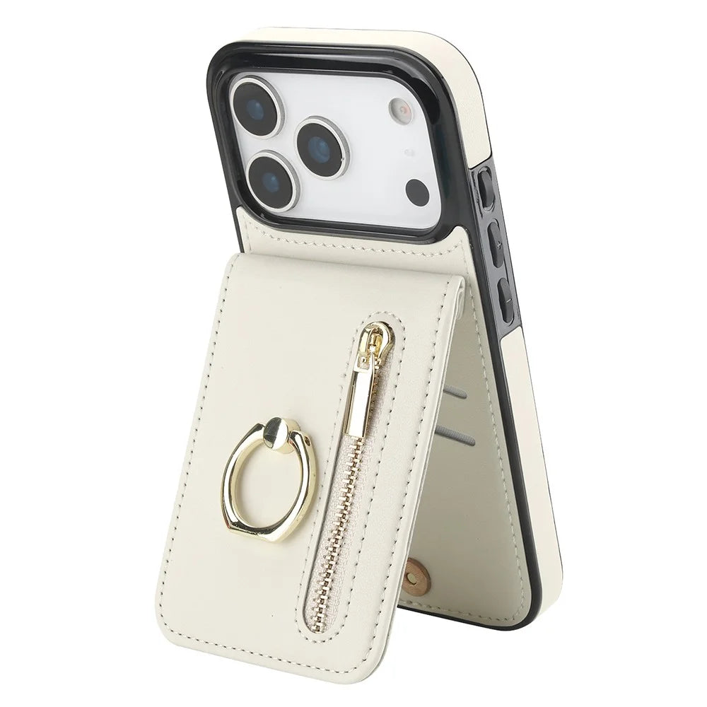 For iPhone 17 Pro Case Zipper RFID Blocking Retro Leather + TPU Phone Cover with Kickstand - White - 1