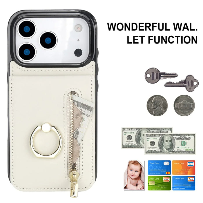 For iPhone 17 Pro Case Zipper RFID Blocking Retro Leather + TPU Phone Cover with Kickstand - White - 4
