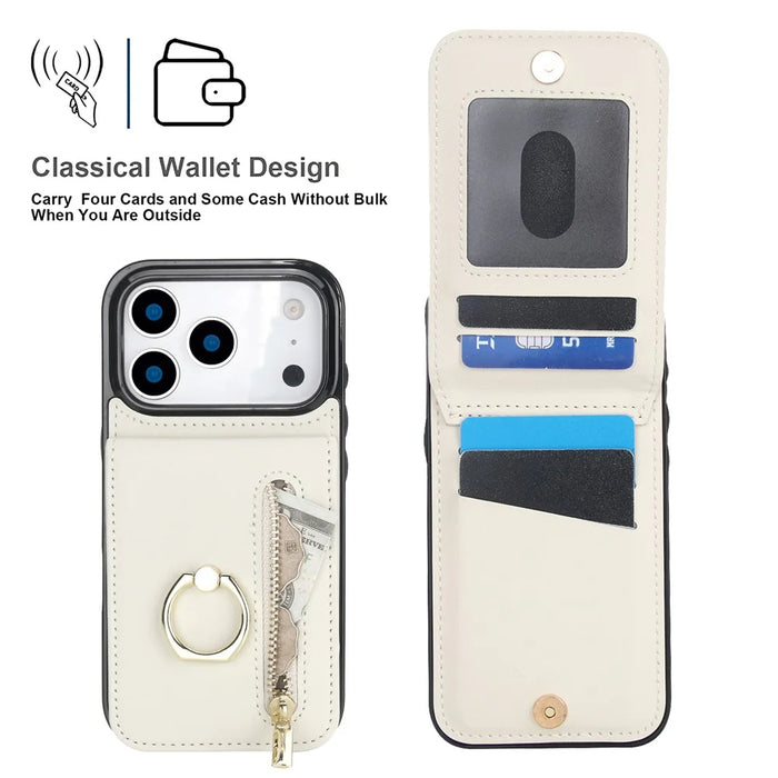 For iPhone 17 Pro Case Zipper RFID Blocking Retro Leather + TPU Phone Cover with Kickstand - White - 5