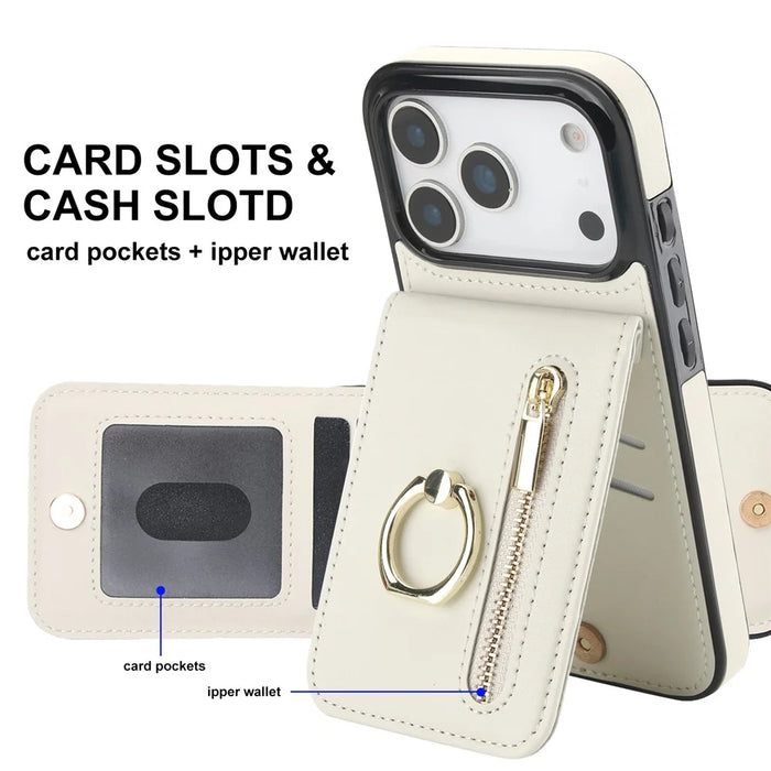 For iPhone 17 Pro Case Zipper RFID Blocking Retro Leather + TPU Phone Cover with Kickstand - White - 6