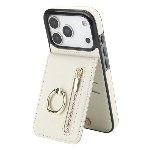 For iPhone 17 Pro Max Case Zipper RFID Blocking Retro Leather + TPU Phone Cover with Kickstand - White - 1