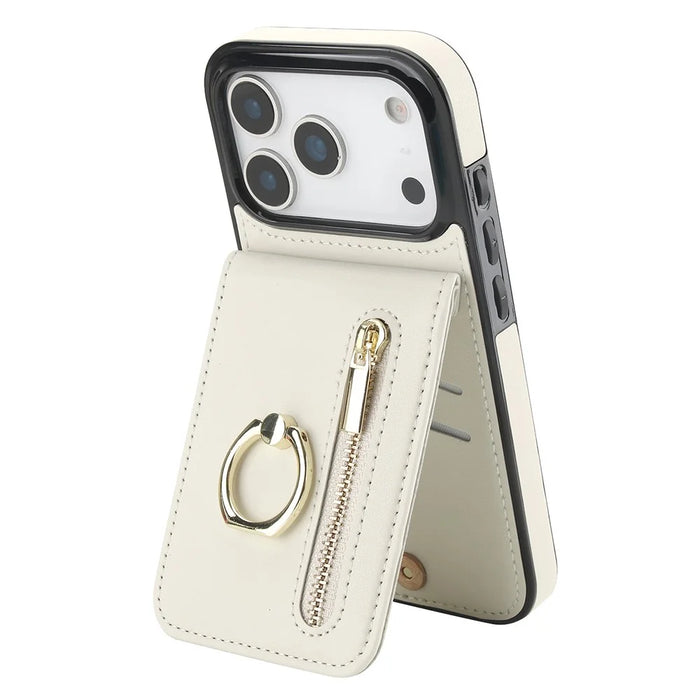 For iPhone 17 Pro Max Case Zipper RFID Blocking Retro Leather + TPU Phone Cover with Kickstand - White - 1