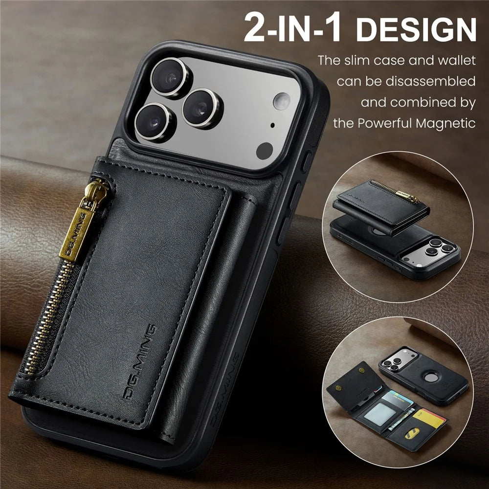 DG.MING M5 Series For iPhone 18 Pro / 17 Pro Case Detachable Magnetic Leather Phone Cover with Card Slots - Black - 6