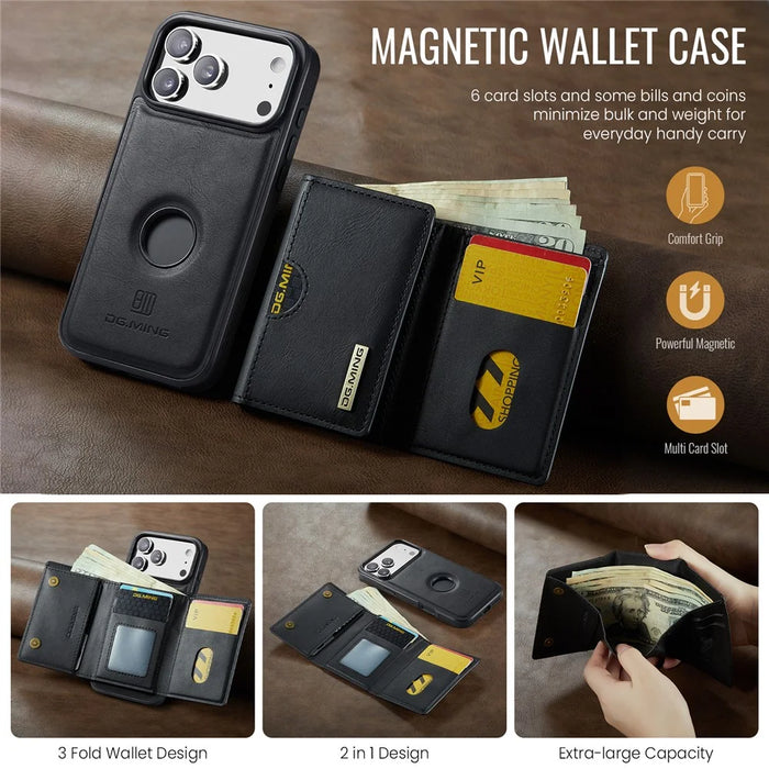 DG.MING M6 Series For iPhone 18 Pro Max / 17 Pro Max Case Magnetic Wallet PU + PC + TPU Phone Cover - Black - 6