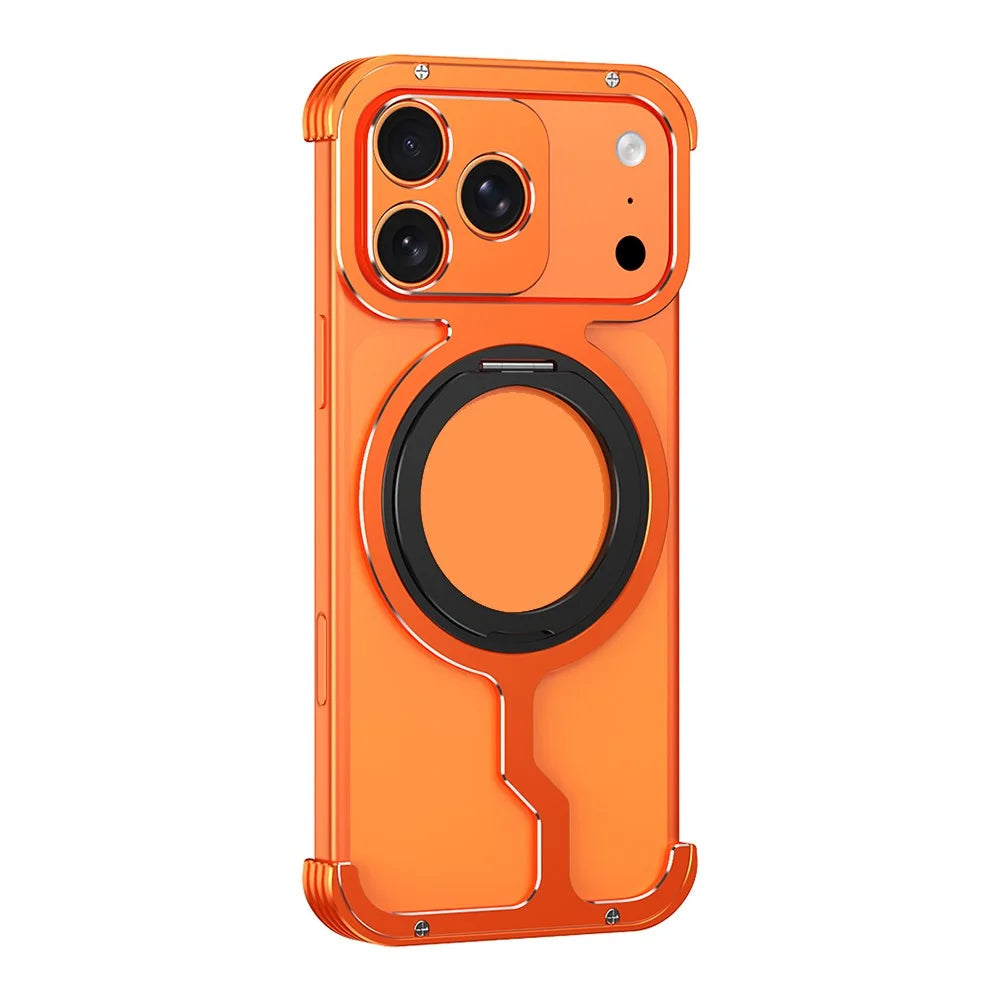 For iPhone 17 Pro Metal Case Rotating Kickstand Heat Dissipation Frameless Phone Bumper Cover with Lens Protector - Orange / Black - 1