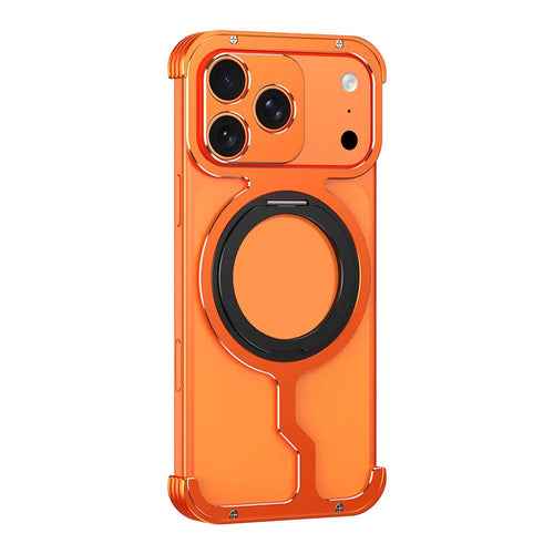 For iPhone 17 Pro Metal Case Rotating Kickstand Heat Dissipation Frameless Phone Bumper Cover with Lens Protector - Orange / Black - 1