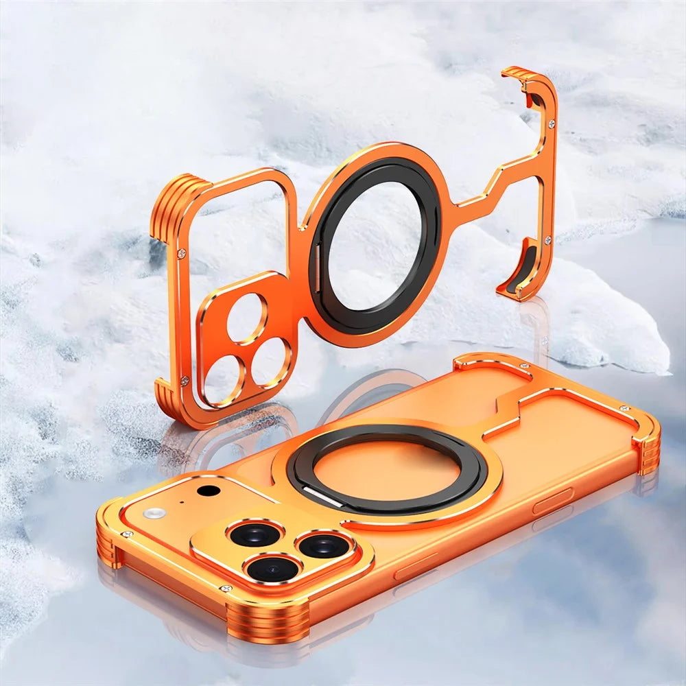 For iPhone 17 Pro Metal Case Rotating Kickstand Heat Dissipation Frameless Phone Bumper Cover with Lens Protector - Orange / Black - 2