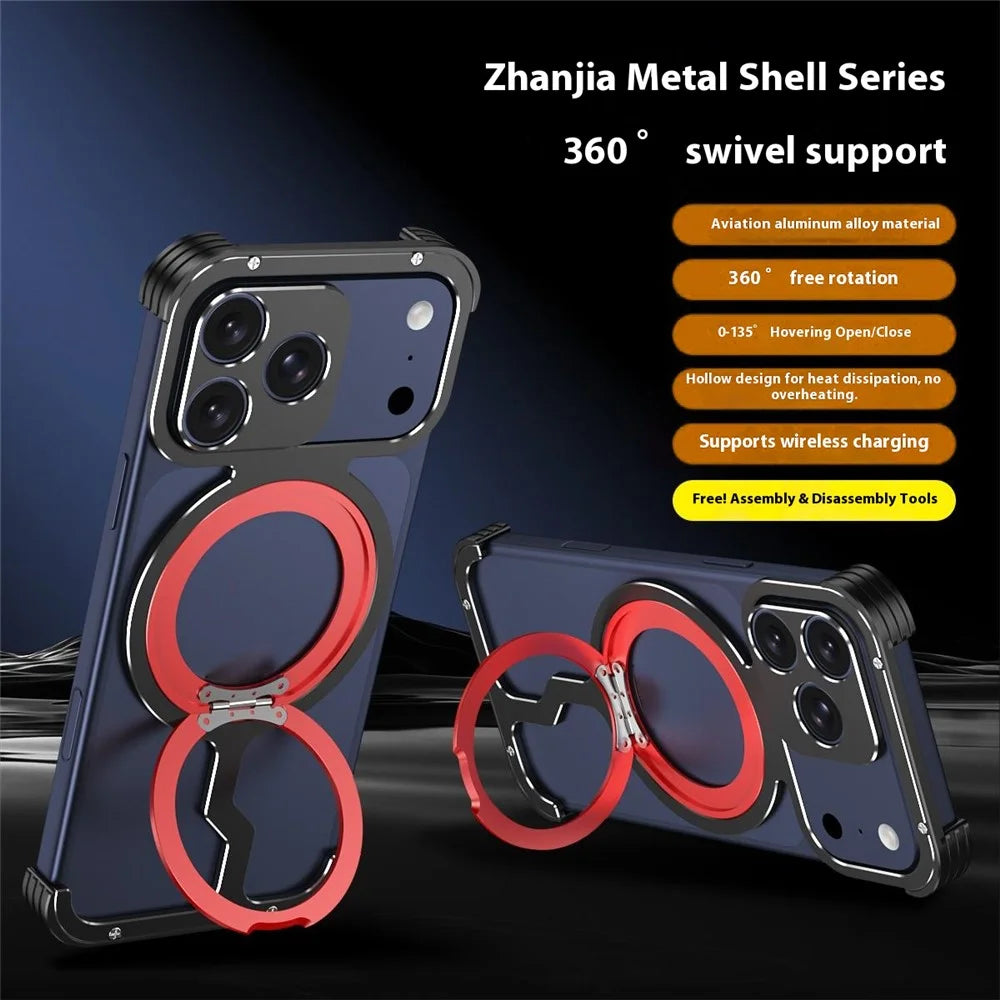 For iPhone 17 Pro Metal Case Rotating Kickstand Heat Dissipation Frameless Phone Bumper Cover with Lens Protector - Orange / Black - 3