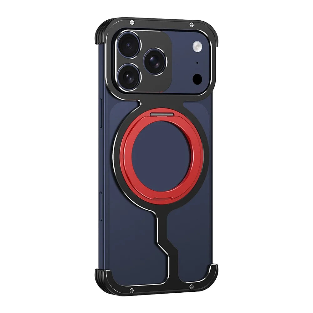 For iPhone 17 Pro Max Metal Case Rotating Kickstand Heat Dissipation Frameless Phone Bumper Cover with Lens Protector - Black / Red - 1