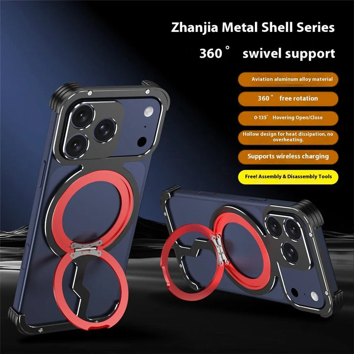 For iPhone 17 Pro Max Metal Case Rotating Kickstand Heat Dissipation Frameless Phone Bumper Cover with Lens Protector - Black / Red - 3