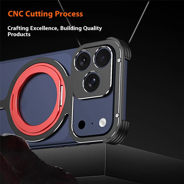 For iPhone 17 Pro Max Metal Case Rotating Kickstand Heat Dissipation Frameless Phone Bumper Cover with Lens Protector - Black / Red - 5