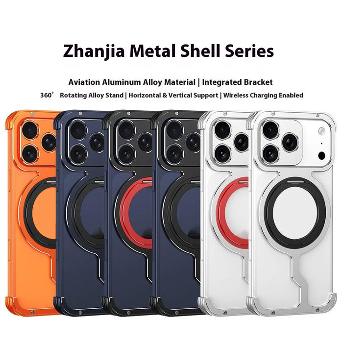 For iPhone 17 Pro Max Metal Case Rotating Kickstand Heat Dissipation Frameless Phone Bumper Cover with Lens Protector - Black / Red - 7