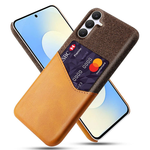 For Samsung Galaxy S25 FE Case PU Leather Cloth Texture Hard PC Phone Cover with Card Holder - Orange - 1