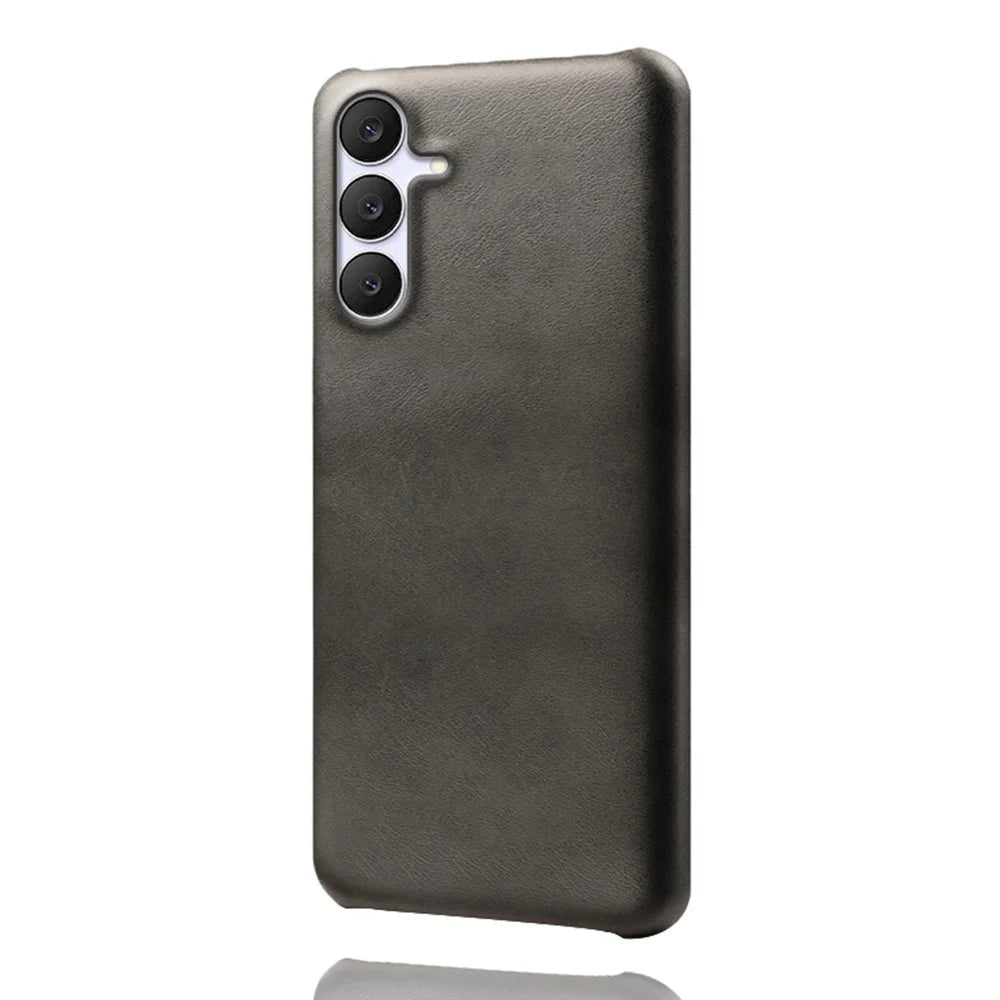 For Samsung Galaxy S25 FE Case Calf Texture PU Leather Hard PC Protective Phone Cover - Black - 1