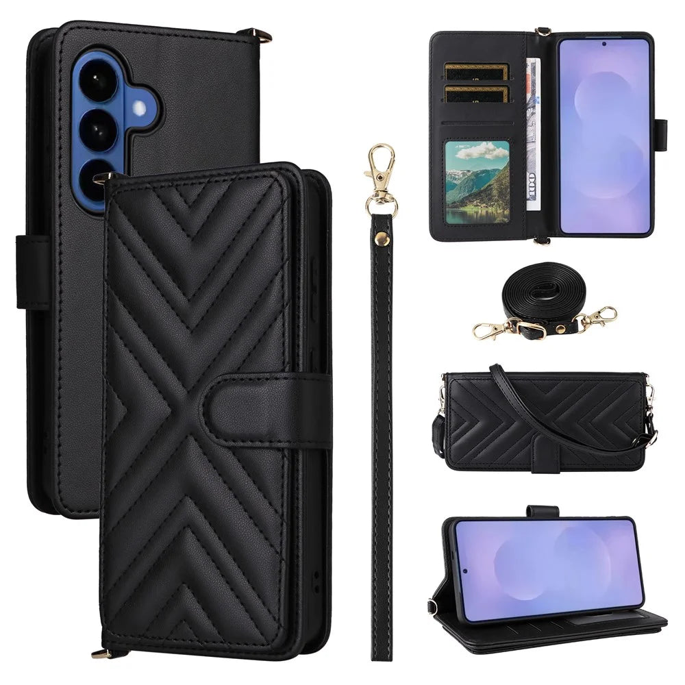 For Samsung Galaxy S26 Case with Shoulder / Wrist Strap Leather Phone Cover Stand Wallet - Black - 1