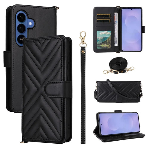 For Samsung Galaxy S26 Case with Shoulder / Wrist Strap Leather Phone Cover Stand Wallet - Black - 1