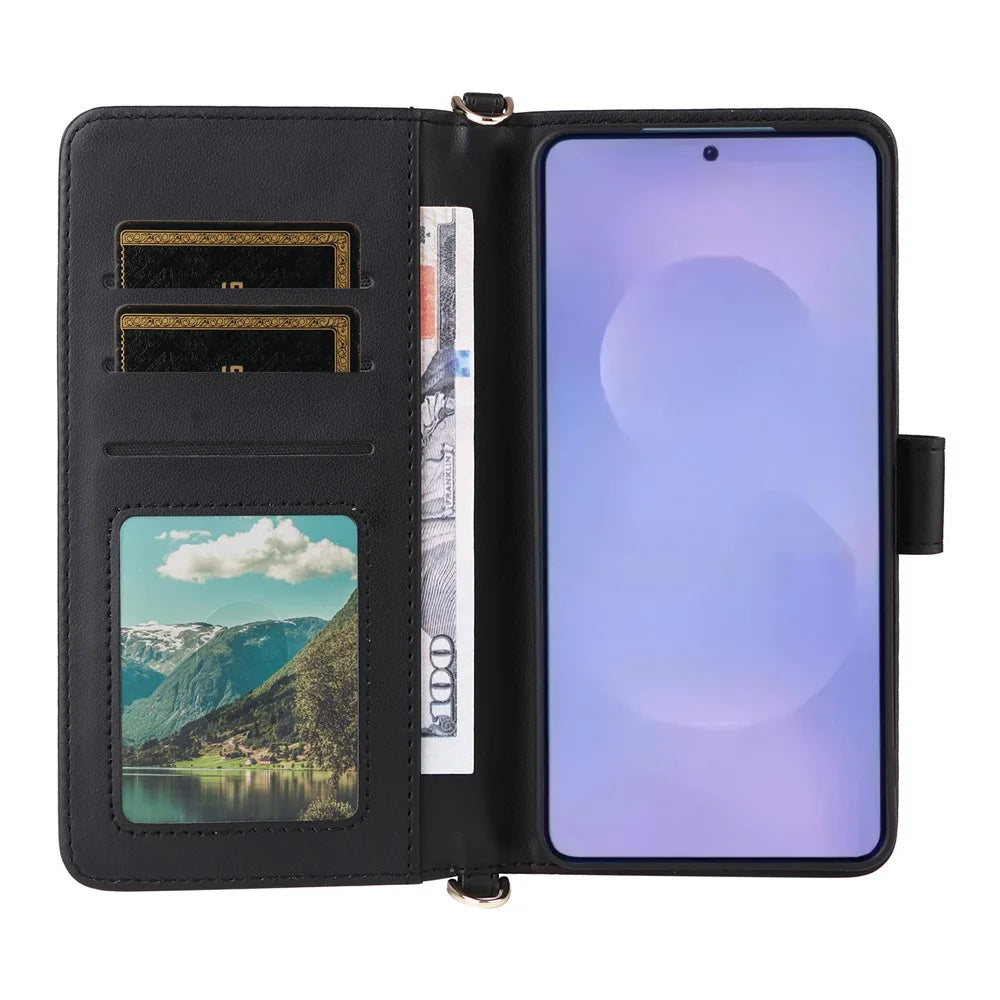 For Samsung Galaxy S26 Case with Shoulder / Wrist Strap Leather Phone Cover Stand Wallet - Black - 2