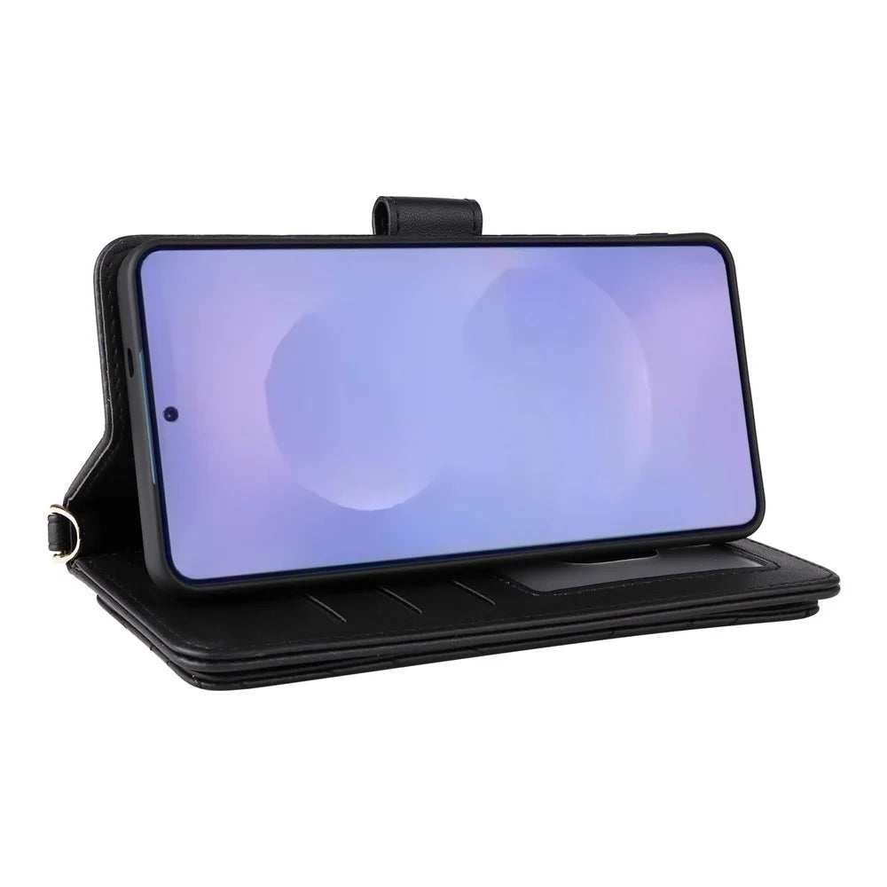 For Samsung Galaxy S26 Case with Shoulder / Wrist Strap Leather Phone Cover Stand Wallet - Black - 3