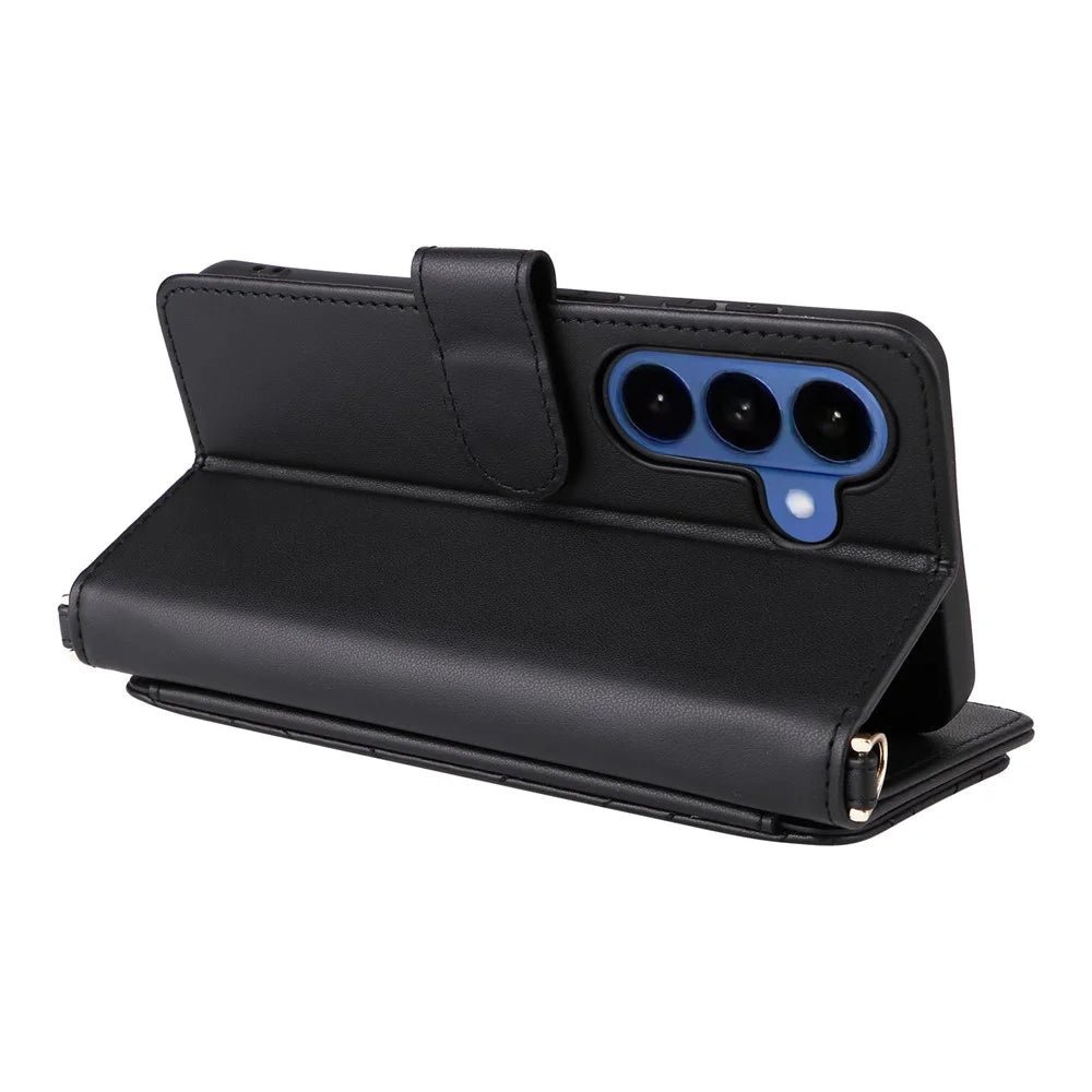 For Samsung Galaxy S26 Case with Shoulder / Wrist Strap Leather Phone Cover Stand Wallet - Black - 4