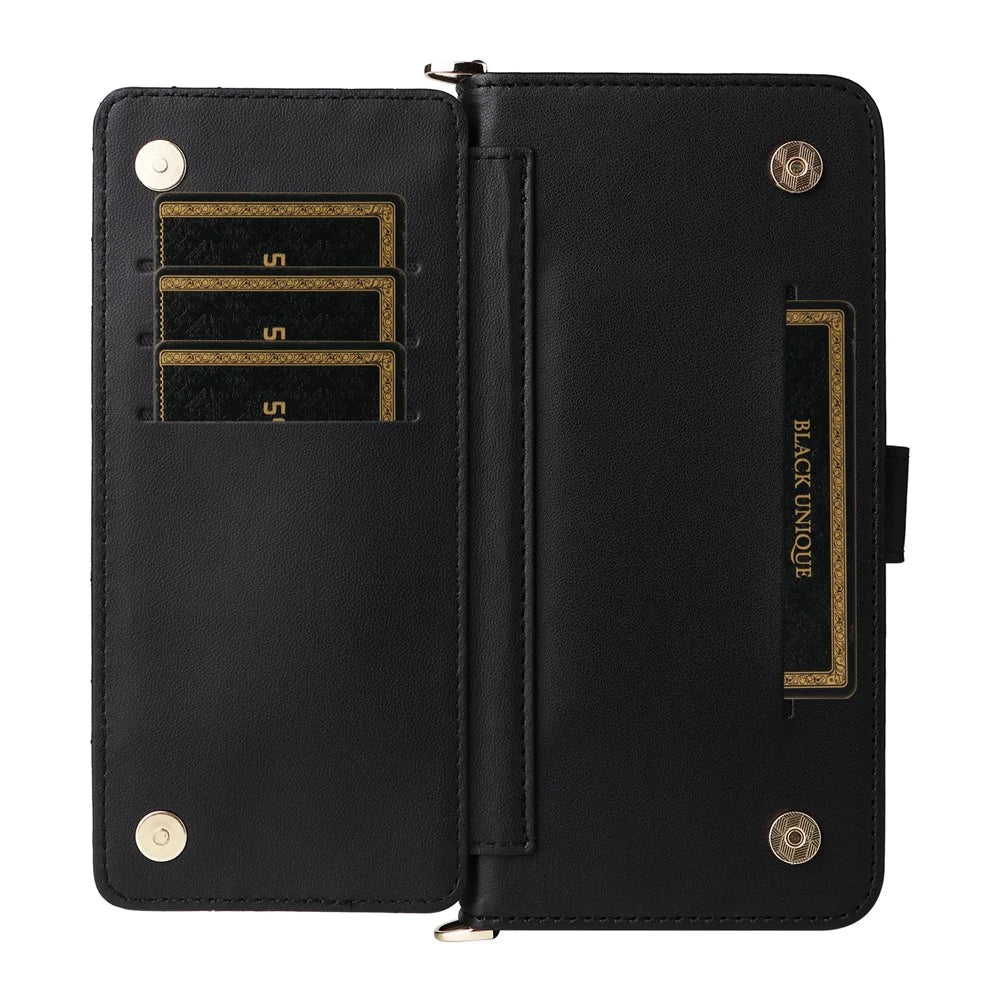 For Samsung Galaxy S26 Case with Shoulder / Wrist Strap Leather Phone Cover Stand Wallet - Black - 5