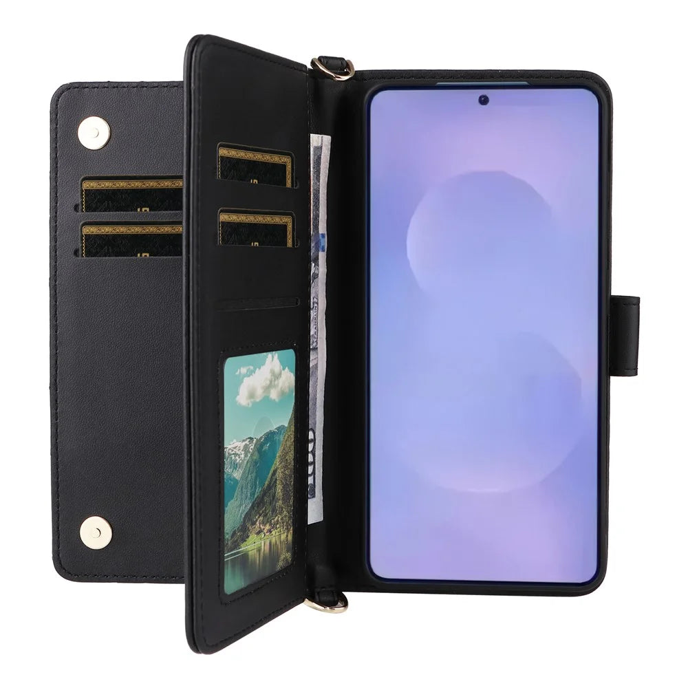 For Samsung Galaxy S26 Case with Shoulder / Wrist Strap Leather Phone Cover Stand Wallet - Black - 6