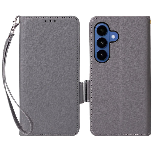 For Samsung Galaxy S26 Case Litchi Texture Wallet Leather Phone Cover with Wrist Strap - Grey - 1