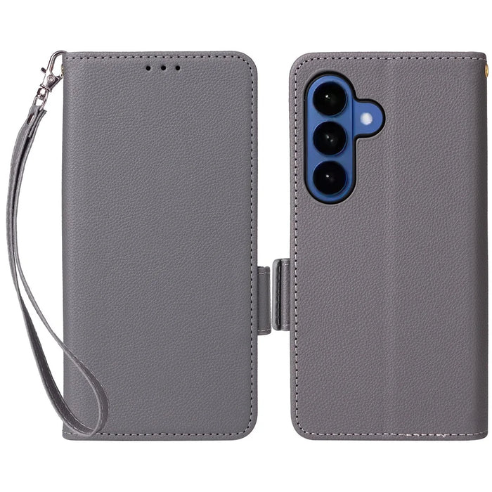 For Samsung Galaxy S26 Case Litchi Texture Wallet Leather Phone Cover with Wrist Strap - Grey - 1