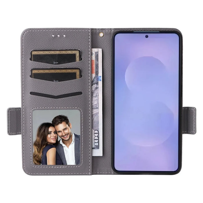 For Samsung Galaxy S26 Case Litchi Texture Wallet Leather Phone Cover with Wrist Strap - Grey - 2