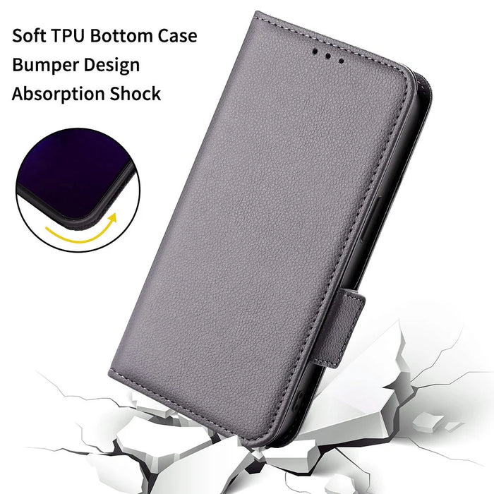 For Samsung Galaxy S26 Case Litchi Texture Wallet Leather Phone Cover with Wrist Strap - Grey - 6