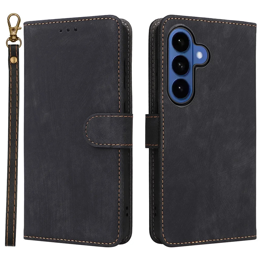 For Samsung Galaxy S26 Case Wallet RFID Blocking PU Leather Phone Cover Stand with Strap - Black - 1