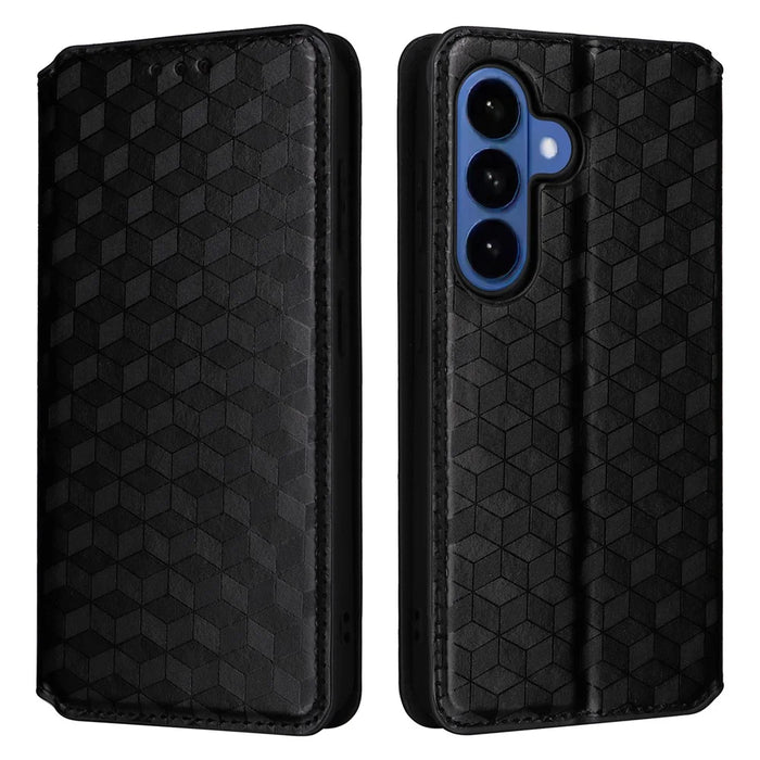 For Samsung Galaxy S26 Case Wallet Rhombus Imprinted Leather Phone Cover - Black - 1