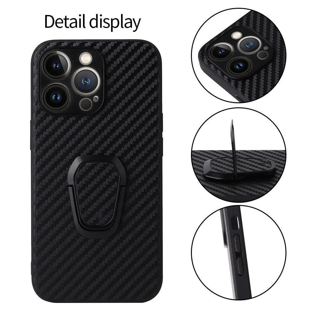 For iPhone 14 Pro Anti-Scratch PU Leather Kickstand Case Hard PC inner Soft TPU Bumper Shockproof Protective Phone Cover - Carbon Fiber Texture - 6
