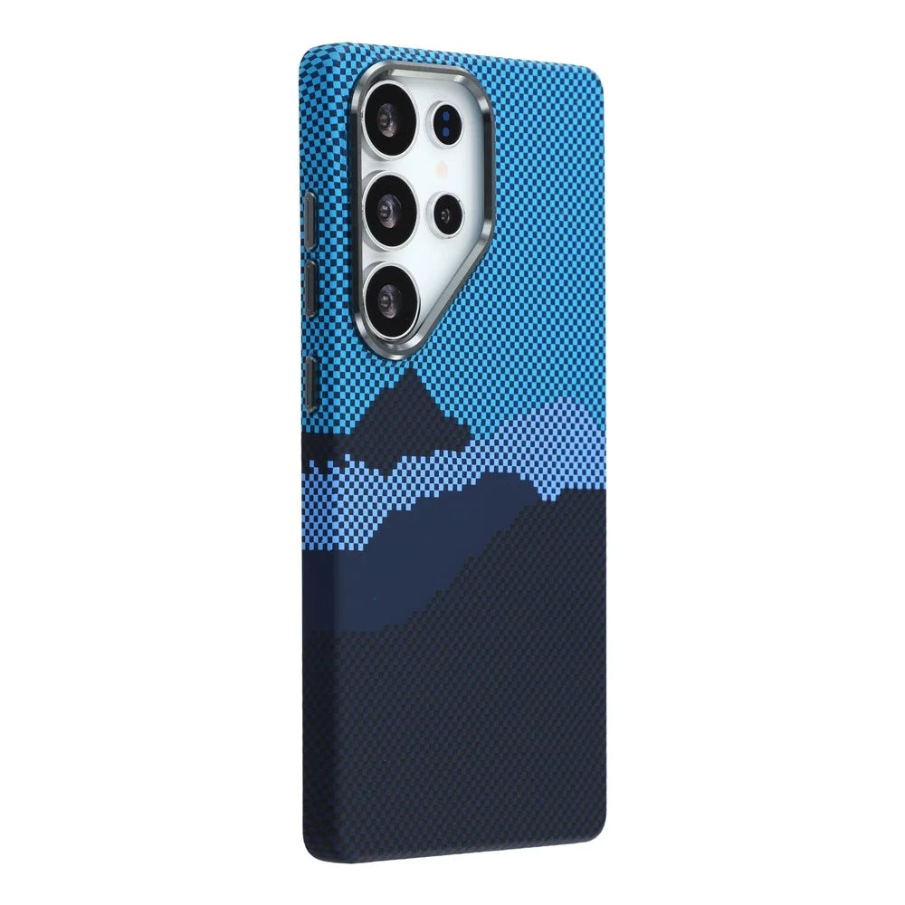 For Samsung Galaxy S25 Ultra Magnetic Case Water Transfer Printing Metal Frame PC Phone Back Cover - Alpine Blue - 1