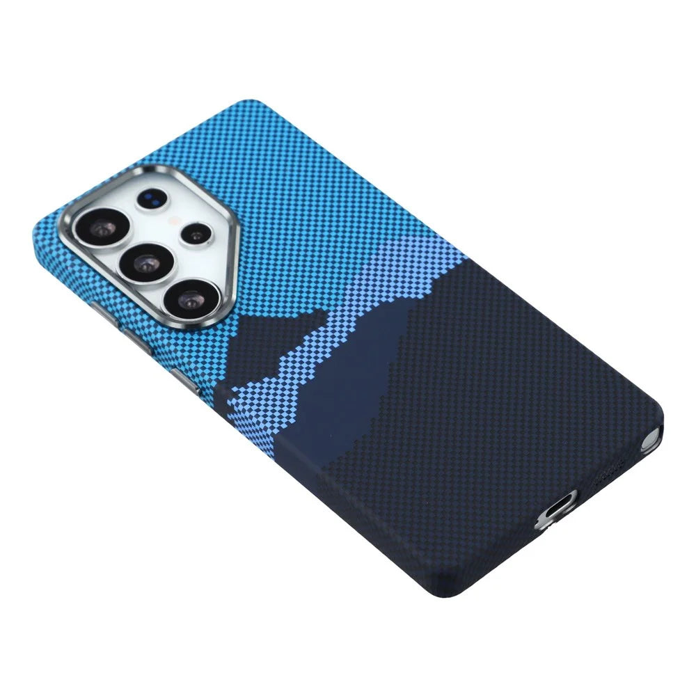 For Samsung Galaxy S25 Ultra Magnetic Case Water Transfer Printing Metal Frame PC Phone Back Cover - Alpine Blue - 4
