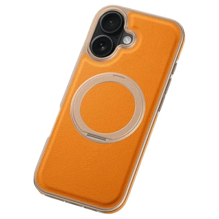 For iPhone 17 Magnetic Case with Rotating Kickstand Leather + PC + TPU Electroplating Phone Cover - Orange - 1
