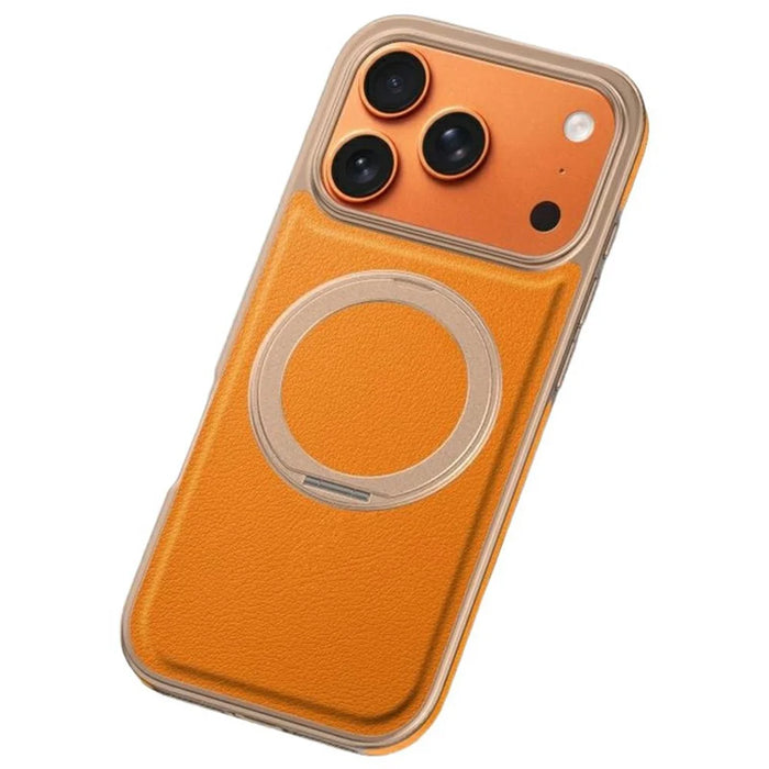 For iPhone 17 Pro Max Magnetic Case with Rotating Kickstand Leather + PC + TPU Electroplating Phone Cover - Orange - 1