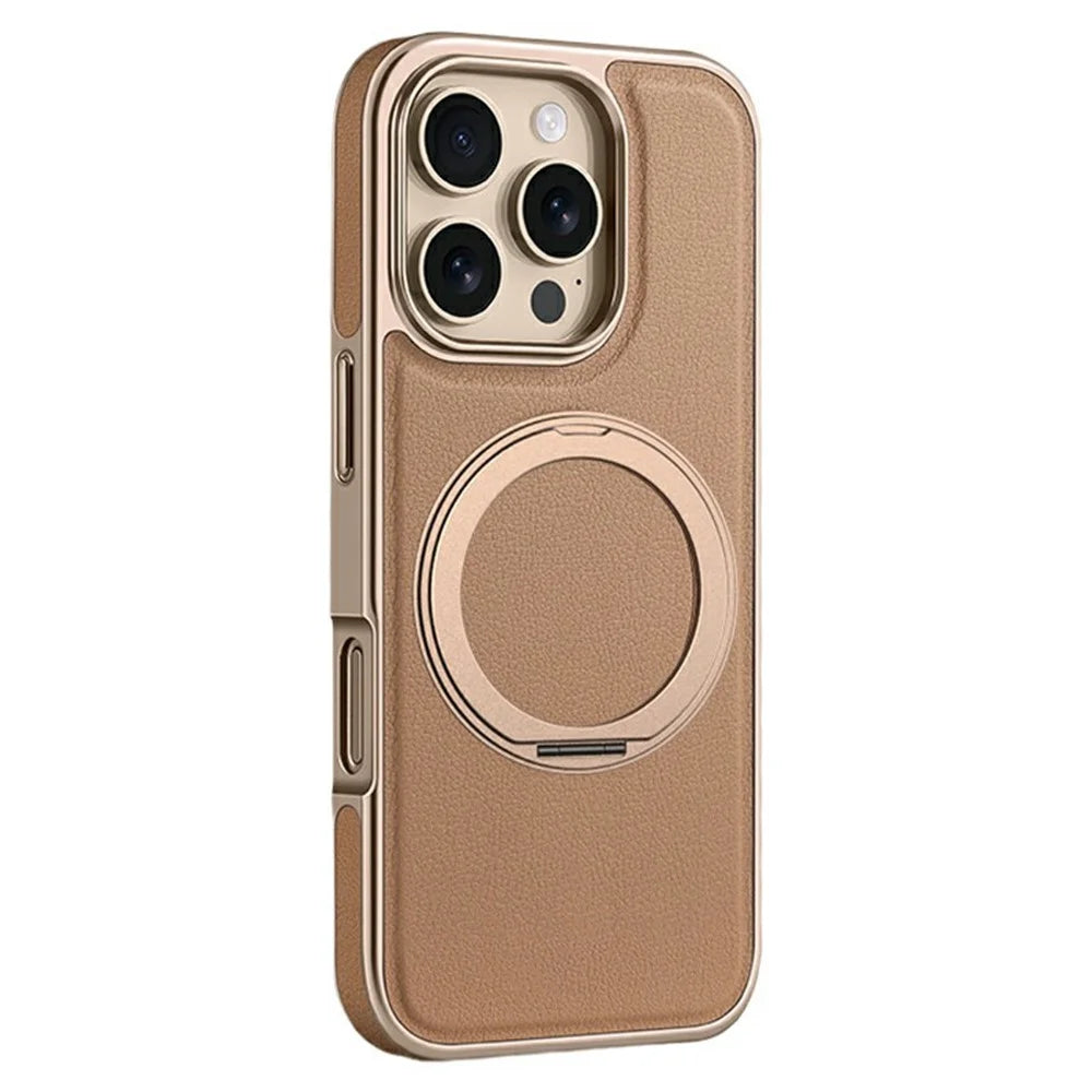 For iPhone 16 Pro Max Magnetic Case with Rotating Kickstand Leather + PC + TPU Electroplating Phone Cover - Desert Gold - 1