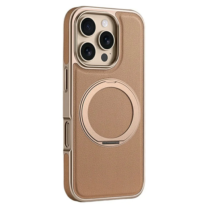 For iPhone 16 Pro Max Magnetic Case with Rotating Kickstand Leather + PC + TPU Electroplating Phone Cover - Desert Gold - 1