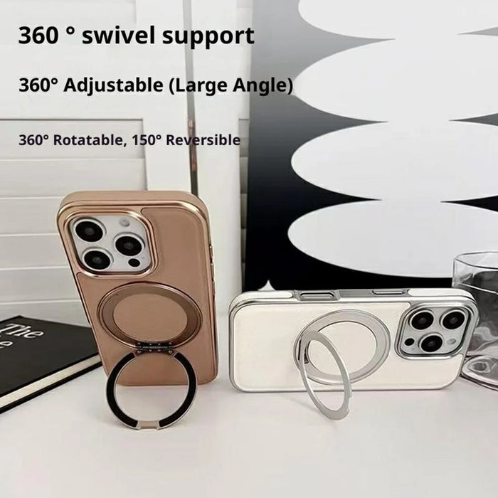 For iPhone 16 Pro Max Magnetic Case with Rotating Kickstand Leather + PC + TPU Electroplating Phone Cover - Desert Gold - 2