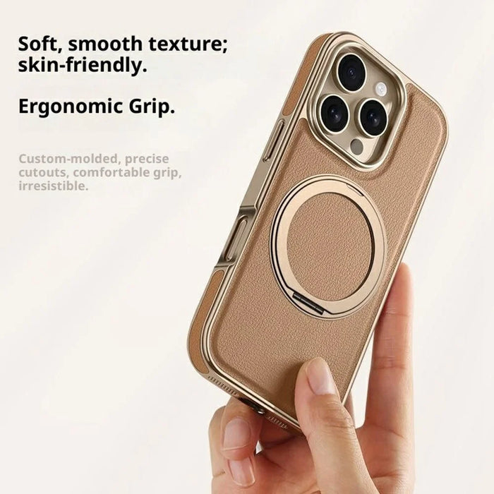 For iPhone 16 Pro Max Magnetic Case with Rotating Kickstand Leather + PC + TPU Electroplating Phone Cover - Desert Gold - 3