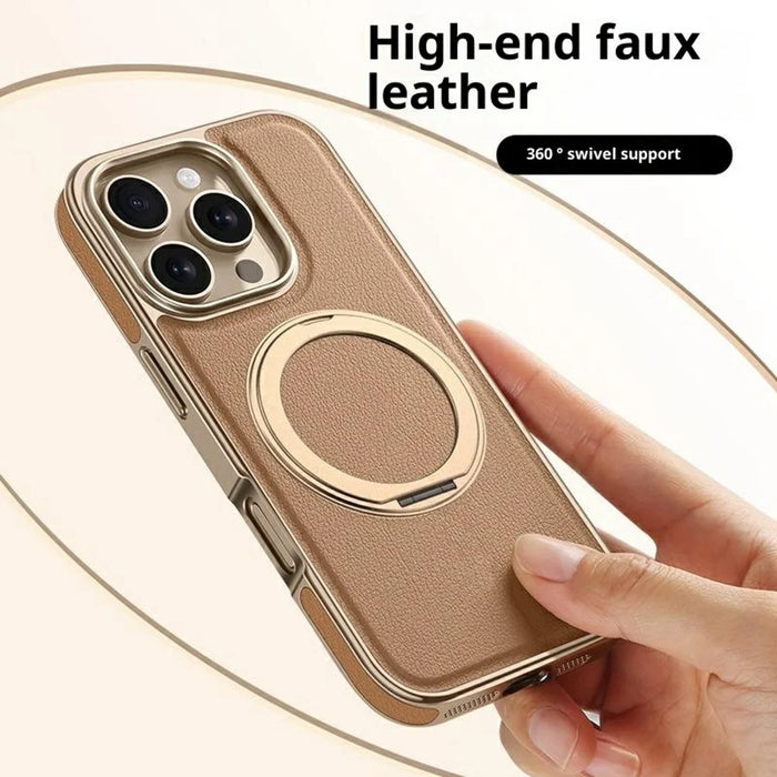 For iPhone 16 Pro Max Magnetic Case with Rotating Kickstand Leather + PC + TPU Electroplating Phone Cover - Desert Gold - 4