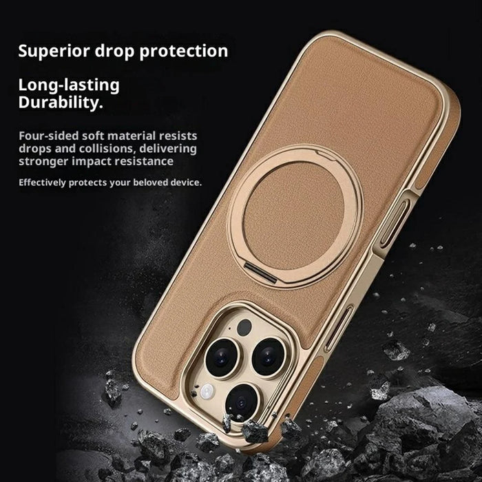 For iPhone 16 Pro Max Magnetic Case with Rotating Kickstand Leather + PC + TPU Electroplating Phone Cover - Desert Gold - 5