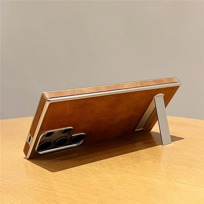 For Samsung Galaxy S24 Ultra Case with Hidden Kickstand Leather + PC + TPU Matte Electroplated Phone Cover - Black - 4