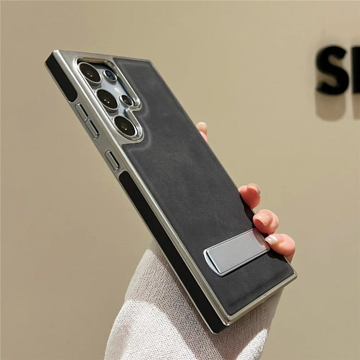 For Samsung Galaxy S24 Ultra Case with Hidden Kickstand Leather + PC + TPU Matte Electroplated Phone Cover - Black - 5