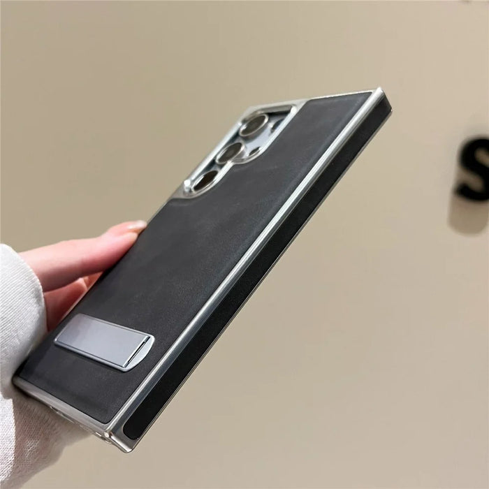 For Samsung Galaxy S24 Ultra Case with Hidden Kickstand Leather + PC + TPU Matte Electroplated Phone Cover - Black - 6