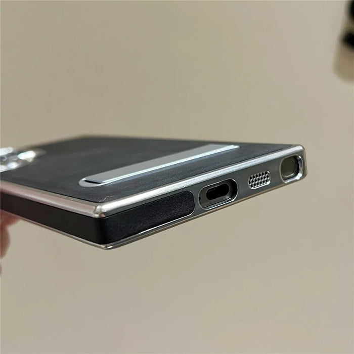 For Samsung Galaxy S24 Ultra Case with Hidden Kickstand Leather + PC + TPU Matte Electroplated Phone Cover - Black - 7