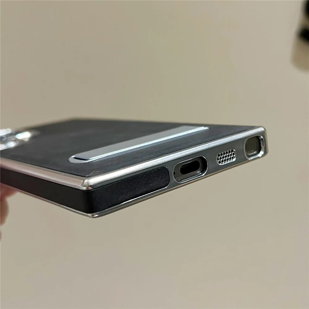 For Samsung Galaxy S23 Ultra Case with Hidden Kickstand Leather + PC + TPU Matte Electroplated Phone Cover - Black - 7