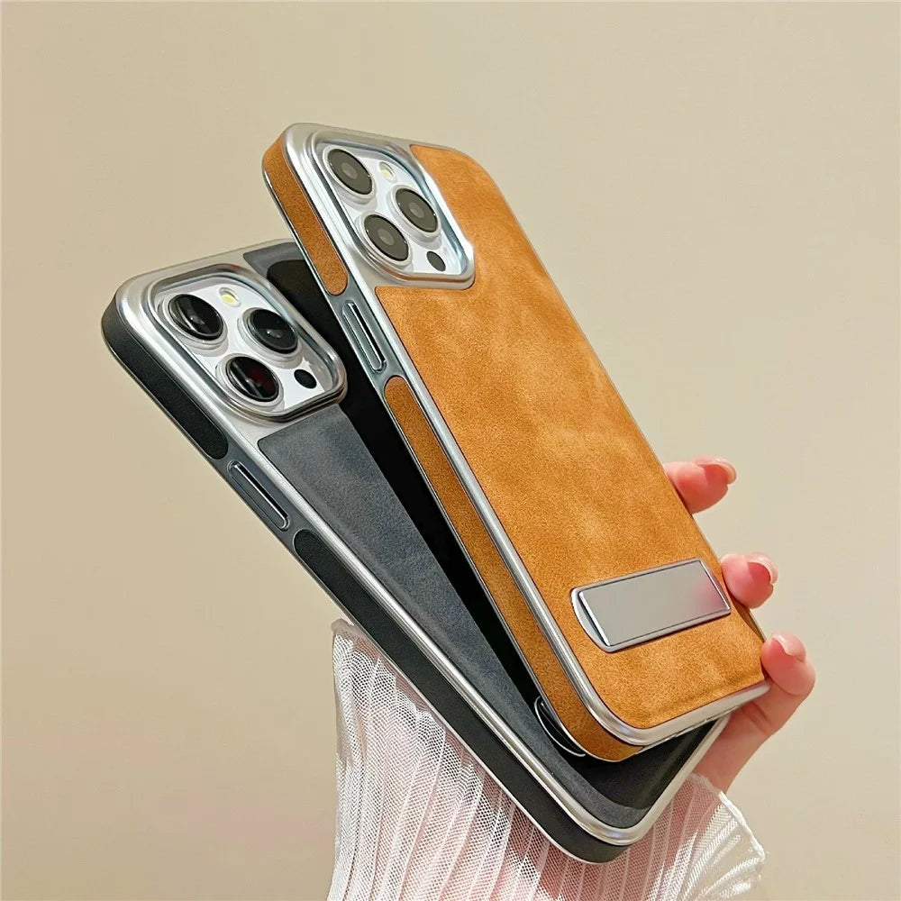 For iPhone 15 Pro Case with Hidden Kickstand Leather + PC + TPU Matte Electroplated Phone Cover - Brown - 5