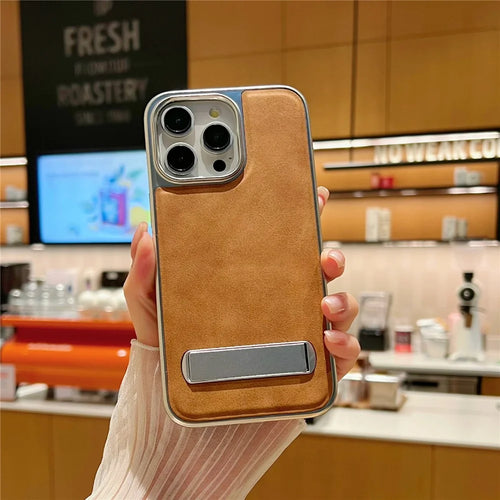 For iPhone 15 Pro Max Case with Hidden Kickstand Leather + PC + TPU Matte Electroplated Phone Cover - Brown - 1