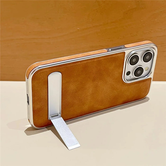 For iPhone 15 Pro Max Case with Hidden Kickstand Leather + PC + TPU Matte Electroplated Phone Cover - Brown - 3